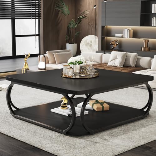 Square Coffee Table with Open Storage Shelf for Living Room
