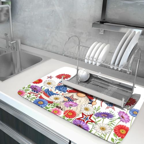 4th of July Dish Drying Mat for Kitchen Counter Cute Patriotic Super Absorbent Reversible Microfiber Kitchen Countertop Protector Dishes Pad Large 18x24 inch