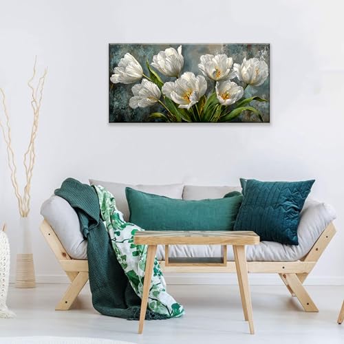 Canvas Wall Art Decor White Tulip Flower Canvas Art Wall Decor For Living Room Modern Floral Botanical Canvas Wall Art Prints Elegant Nature Flower Wall Art For Bedroom Home Office Wall Decor 20"×40"