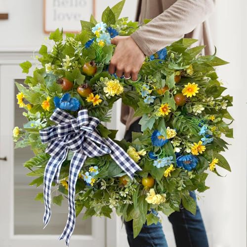 24 Inch Blue Yellow Summer Wreath for Front Door All Season Decor