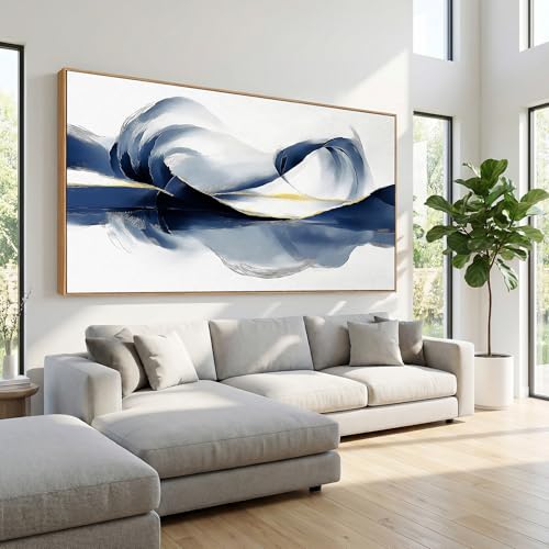 20x40 Inch Framed Abstract Blue Gold Mountain Canvas Wall Art Horizontal Navy Reflection Ink Landscape Wall Painting Modern Minimalist Textured Wall Decor for Living Room Bedroom