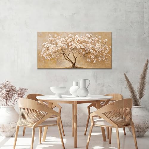 Canvas Wall Art Decor Beige Magnolia Tree of Life Canvas Art Wall Decor For Living Room Modern Tree Nature Botanical Canvas Prints White Flower Wall Art Decor For Bedroom Home Office Decor 20"×40"