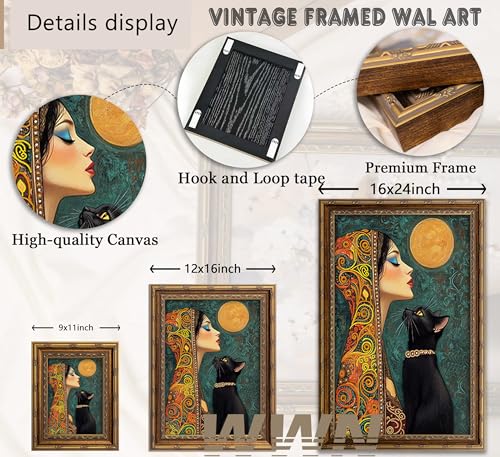 Vintage Gold Framed Boho Wall Art Moonlit Elegant Woman and Black Cat Painting Canvas Prints Gothic Dark Academia Moon Poster Bohemian Mystical Picture Artwork for Bedroom Living Room Home Décor