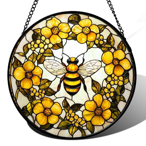 Bee Wreath Stained Glass Window Hanging Suncatcher Gifts for Women 12"