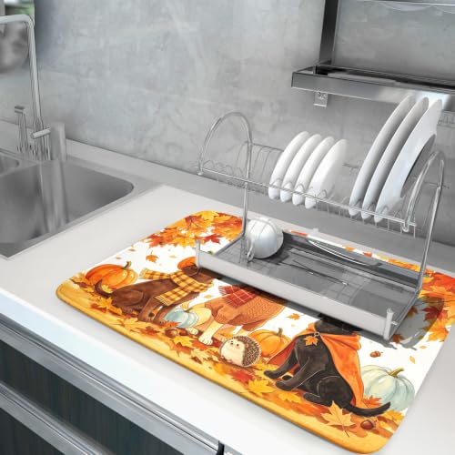 Fall Dish Drying Mat for Kitchen Counter Pumpkin Cute Dog Autumn Festival Super Absorbent Reversible Microfiber Kitchen Countertop Protector Dishes Pad Large 18x24 inch