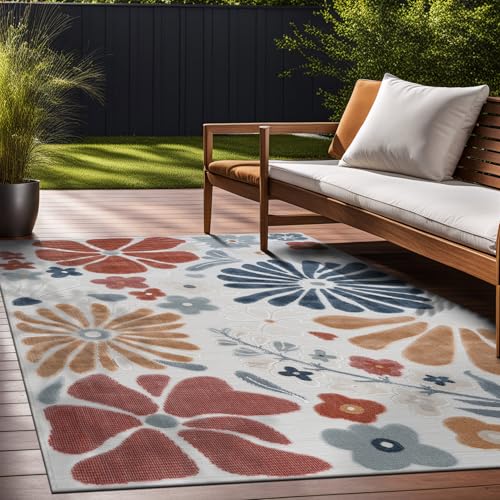 Outdoor Rug 10x14 Large Modern Floral Tropical Area Rugs for Outdoor and Indoor Patio Easy to Clean Non Shedding Living Room Porch Garden Washable Outside Carpet (140 Sq Ft)