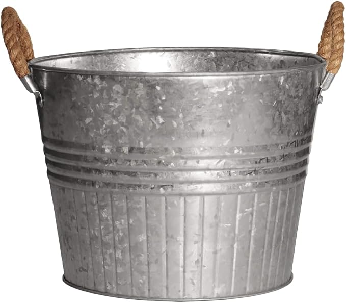 Headwind Decorative Planter - Round Galvanized Bucket w/Rope Handles – 12 Inch Metal Tub Bucket Planter for Outdoor Plants w/Drainage Hole – Galvanized Large Outdoor Planters Buckets by Robert Allen