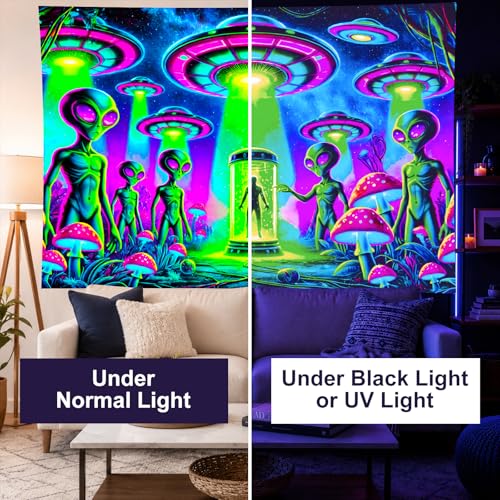 Blacklight Tapestry Alien UFO Room Wall Art 78 x 59 Inch