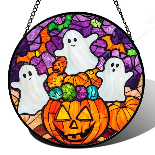 Stained Glass Window Hanging Halloween Horror Pumpkin White Ghost 7.8"