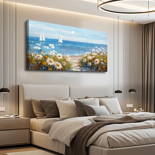 Wall Art For Dining Room Kitchen Blue Ocean Landscape Painting Art Pictures Living Room Decor Vintage Landscape Canvas Print Suitable For Bedroom Office Farmhouse Wall Decoration 24x48 In