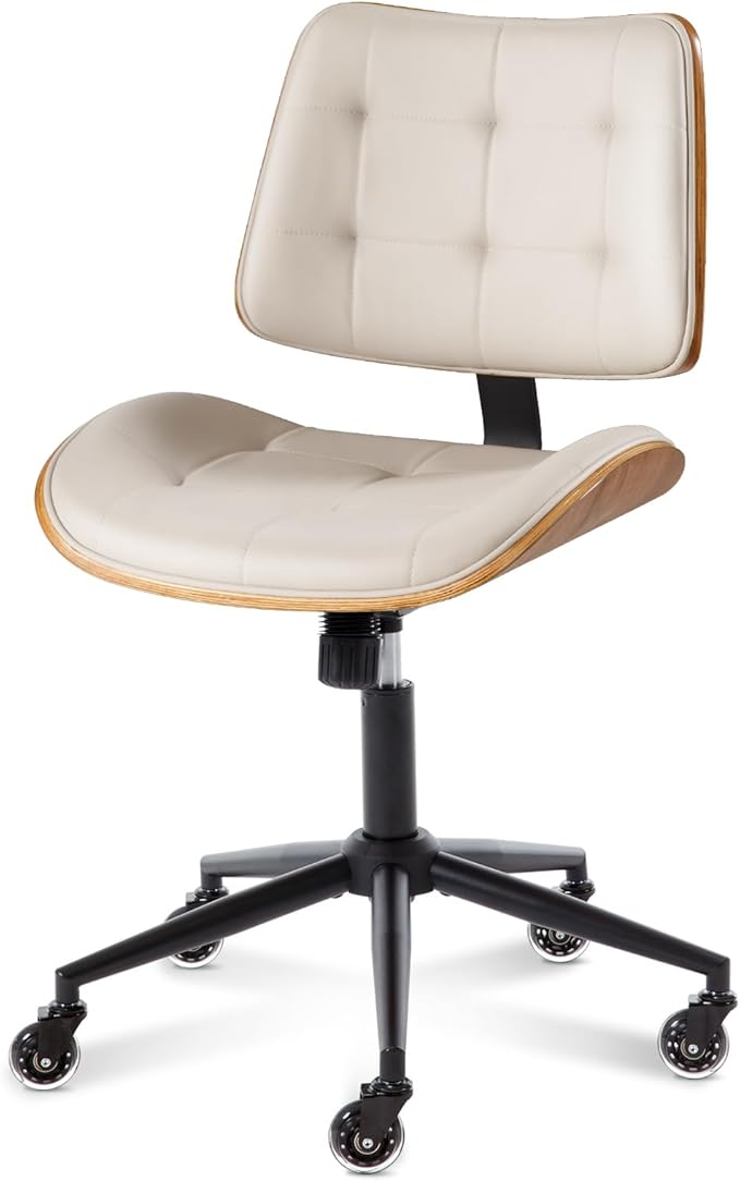 Home Office Desk Chair with Wheels, Adjustable Height Armless Office Chair, PU Leather Mid Back 360° Small Computer Chair, Modern Walnut Chair No Arms for Office, Reading Meeting Room(Beige)