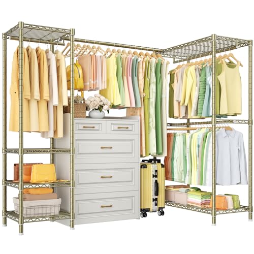 E10L L Shaped Clothes Rack for Corner（With Expandable Hanger Rod）Heavy Duty Freestanding Clothing Racks for Hanging Clothes