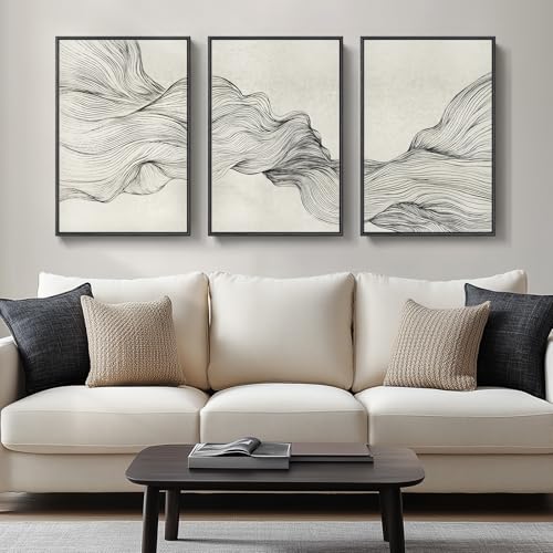 Large Framed Neutral Modern Abstract Wall Art for Living Room (3 Count)