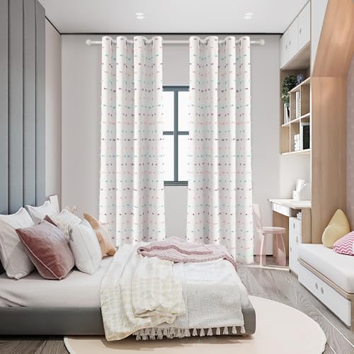 100% Blackout Curtains for Living Room 102 Inch White Curtains Extra Long Total Light Block Girls Room Drapes Thermal Insulated Room Darkening Rainbow Pom Pom Sheer Grommet 2 Pieces 50 Wide (2 Count)