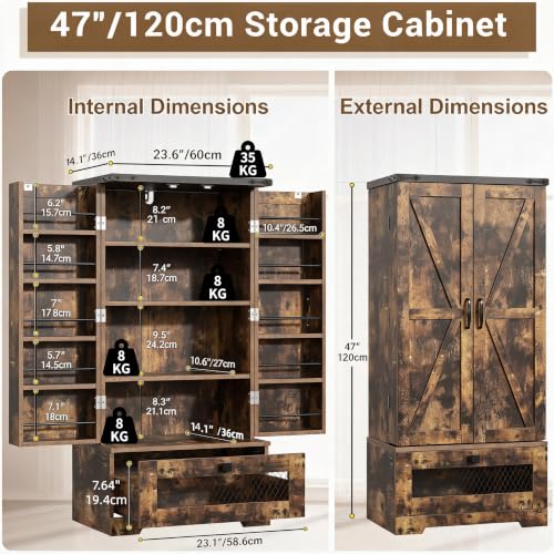 47" Farmhouse Pantry Cabinet with Barn Door & Large Drawer