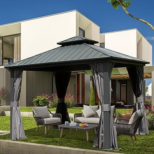 Domi 10' x 10' Hardtop Gazebo Outdoor Metal Gazebo with Galvanized Steel Double Roof Canopy, Curtains and Netting for Patio, Backyard, Deck, Lawn, Grey