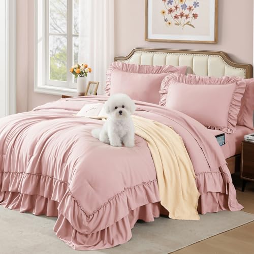 Full Size Comforter Set Soft Pink Ruffle 7 Pieces Farmhouse Bed in a Bag