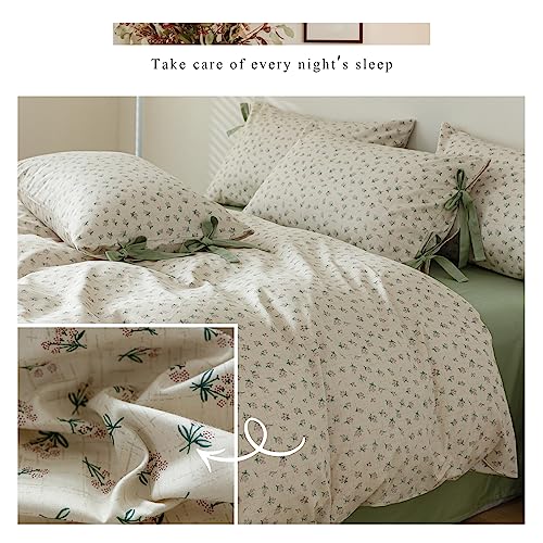 Full Comforter Set Vintage Green Floral Bedding Comforter Boho Flower Cottagecore Comforter with 2 Bow Ties Pillowcases Fluffy Lightweight Bedding Farmhouse Botanical Comforter Set (3 Count)