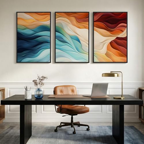 Large Framed Blue Orange Abstract Wall Art for Living Room (3 Count)