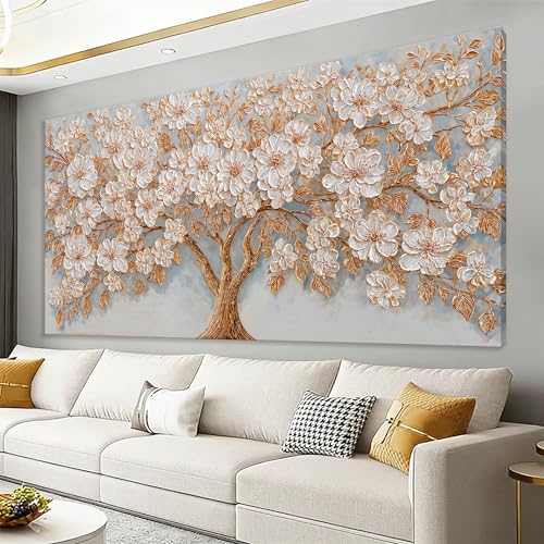Large Canvas Wall Art Decor Modern White Flower Botanical Nature Wall Art Decor Gold Tree of Life Canvas Art Wall Decor For Living Room Wall Decor Floral Tree Artwork For Bedroom Home Office 24"×48"