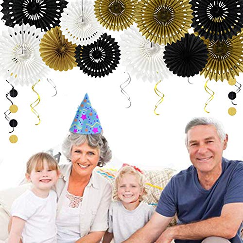 Honeycomb Round Paper Fan Black Gold White Hanging Party Supplies (9 Count)