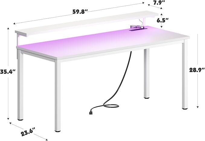DlandHome Computer Desk 60” with LED Lights &Power Outlets, Writing Desk with Monitor Stand, Work Study Desk for Home Office, White