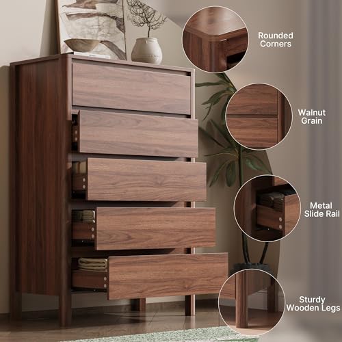 Walnut 5 Drawer Dresser for Bedroom