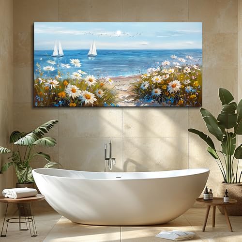 Large Blue Ocean Landscape Canvas Printing Picture Wall Art For Living Room Farmhouse Dinin Mural White Flowers Bedroom Office Wall Decor Home Decor Painting Easy To Hang 30x60 Inches