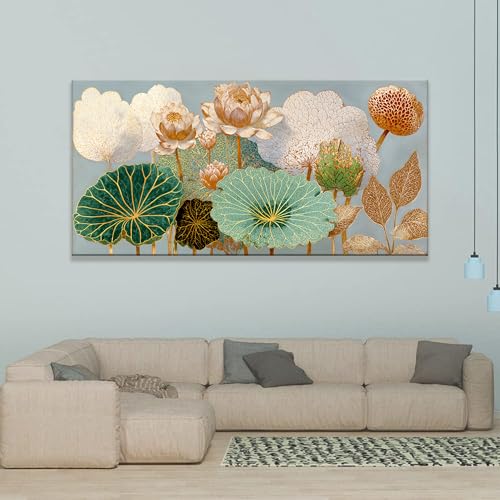 Oversized Canvas Wall Art Decor Floral Botanical Nature Canvas Prints Gold Lotus Flower Modern Wall Art Decor For Living Room Elegant Canvas Art Wall Decor For Bedroom Home Office Decor 29"×58"