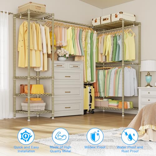 E10L L Shaped Clothes Rack for Corner（With Expandable Hanger Rod）Heavy Duty Freestanding Clothing Racks for Hanging Clothes