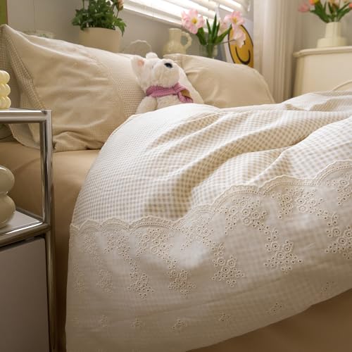 Tan Gingham Comforter Set King Romantic Lace Bedding Beige Plaid Comforter Set Vintage Grid Checkered Pattern Comforter with 2 Pillowcases Farmhouse Taupe Plaid Gingham Bedding Set