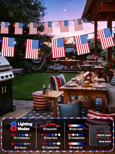 4th of July Decorations 2 Pack 100 LED Solar American Flag Lights Outdoor (2 Count)