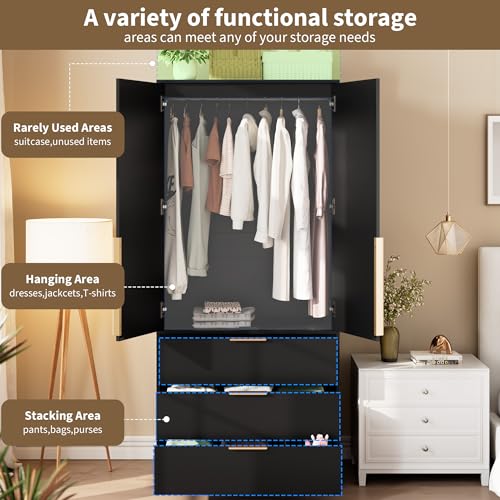 70" Wardrobe Armoire Wooden Closet with 3 Drawers