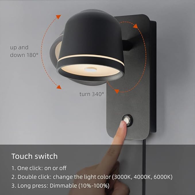 Aisilan Black Wall Sconce, 5W Dimmable Wall Sconces, Adjustable Angle Indoor
