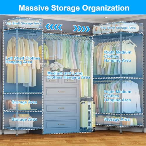 E10L L Shaped Clothes Rack for Corner（With Expandable Hanger Rod）Heavy Duty Freestanding Clothing Racks for Hanging Clothes