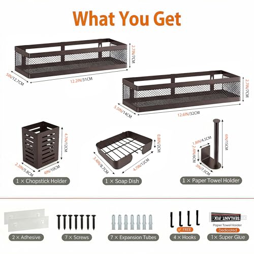 5-in-1 Wide Wall Mount Wrapped Mesh Kitchen Organizer & Shower Caddy Kit, with Paper Towel Holder, Utensil Holder, Soap Dish, Heavy Duty 50LBS - Vintage Bronze, Netting