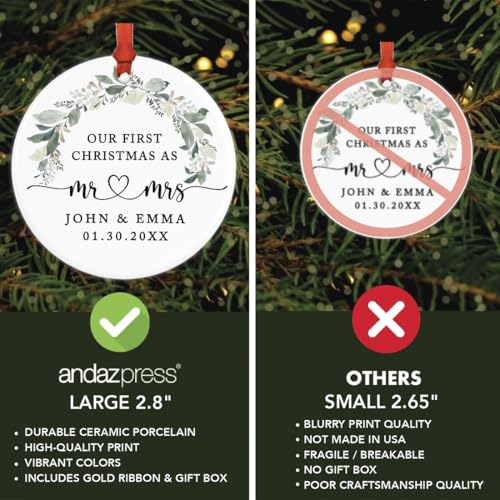 Personalized Our First Christmas As Mr. & Mrs. 2026 Christmas Ornaments Foliage Wreath 2.8" Round Porcelain Ceramic 1st Year Married Custom Ornament Keepsake for Newlyweds 1
