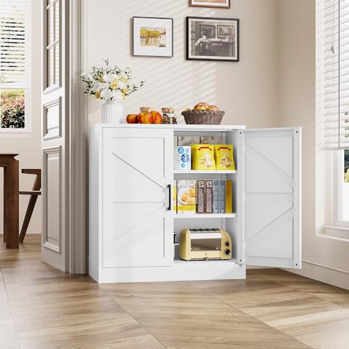 White Storage Cabinet with Doors and Adjustable Shelves