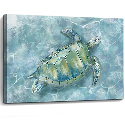 Bathroom Wall Decor Canvas Wall Art for Bedroom Sea Turtle Pictures Blue Coastal Room Decorations Artwork Green Turtle Wall Decorations 16” x 24”