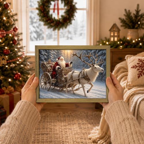 Wood Framed Vintage Santa Claus Sleigh Wall Art