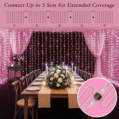 200 LED Pink Curtain String Lights 9.8x6.6FT