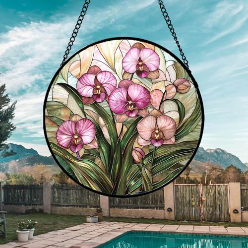 Phalaenopsis Orchid Stained Glass Window Hanging Decor Gifts for Women 9.8"