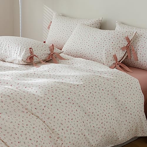 King Size Comforter Set Garden Style Pink White Floral Comforter Set Cozy Aesthetic Bedding Cottagecore Comforter Vintage Botanical Flower Comforter with 2 Bow Ties Pillowcases Fluffy Bed Set