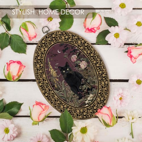 Vintage Black Cat Dark Floral Botanical Oval Wall Art Decor 9x12