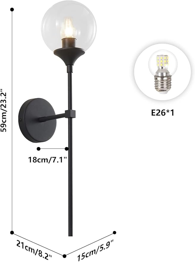 KCO Lighting Mid Century Black Wall Mounted Sconce Round Clear Glass Globe Wall
