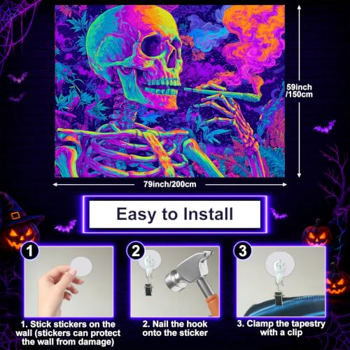 Blacklight Tapestry Smoking Skeleton UV Backdrop 78 x 59 Inch