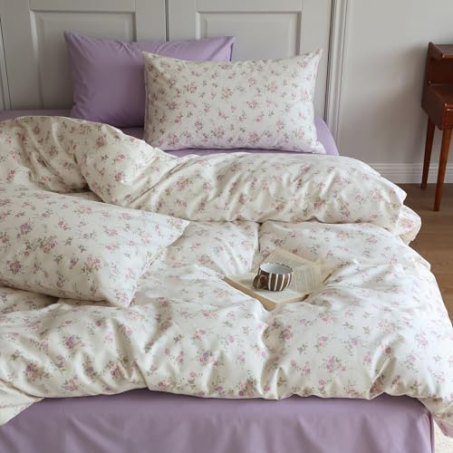 Botanical Floral Comforter Set Twin XL Cute Garden Floral Bedding Comforter with 2 Pillowcases Soft Fluffy Pink Purple Flowers Comforter Vintage Style Botanical Comforter Set for Girls Women (3 Piece Set)
