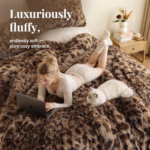 Fluffy Queen Comforter Set Leopard Print Faux Fur Comforter Set 3Pcs