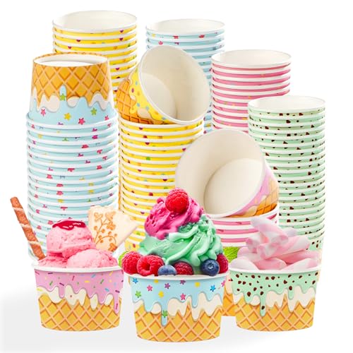 Greencian 120Pcs Summer Ice Cream Cups 12oz 4 Colors for Hot or Cold Food (12 Count)