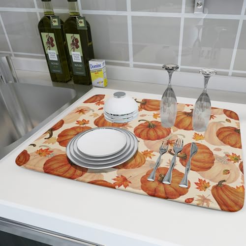 Fall Dish Drying Mat for Kitchen Counter Watercolor Pumpkin Autumn Festival Super Absorbent Reversible Microfiber Kitchen Countertop Protector Dishes Pad Large 18x24 inch
